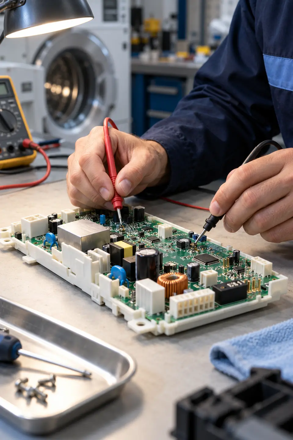 técnico testando a placa de uma lavadora