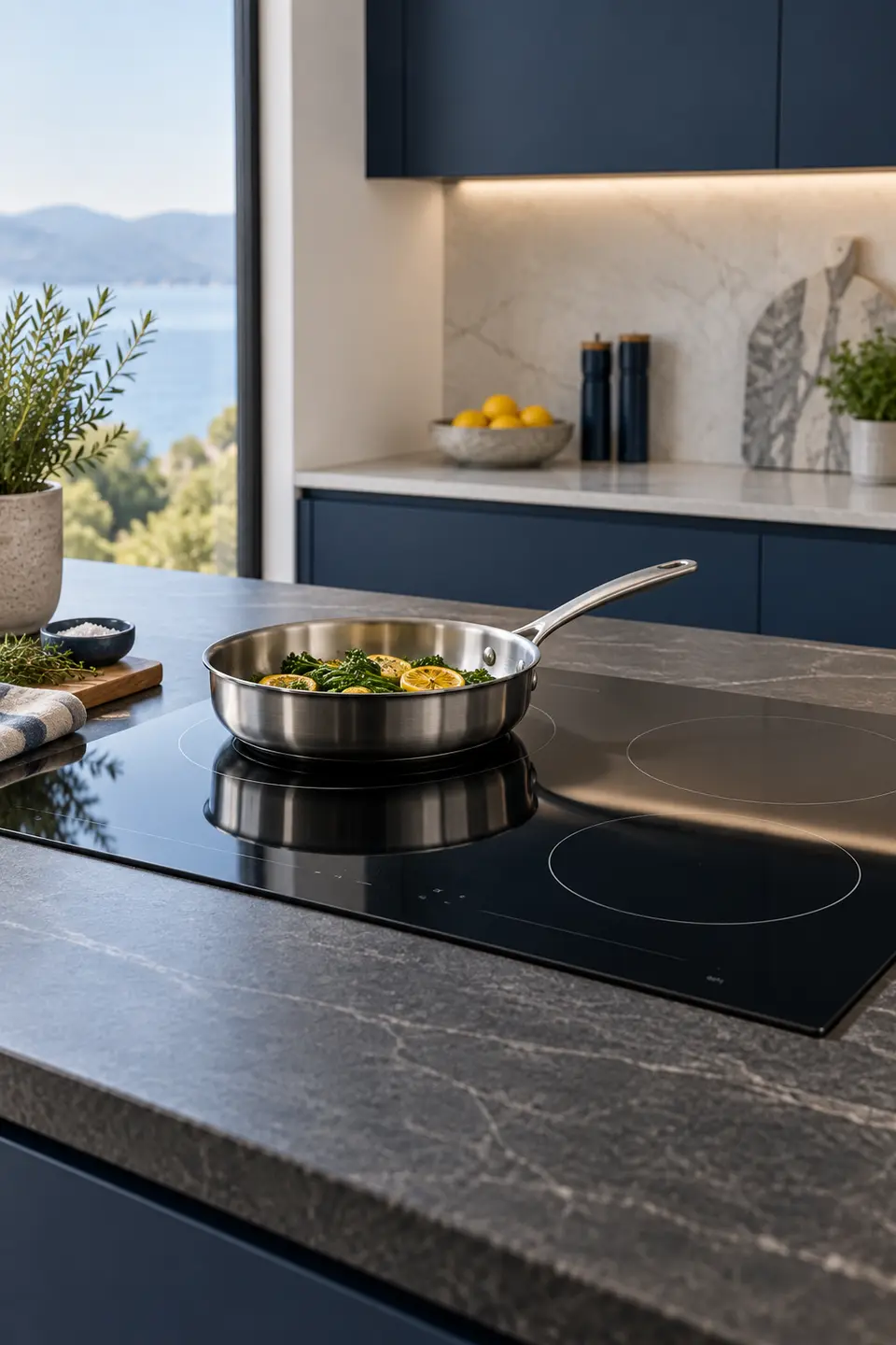 cooktop de vidro preto em bancada de pedra