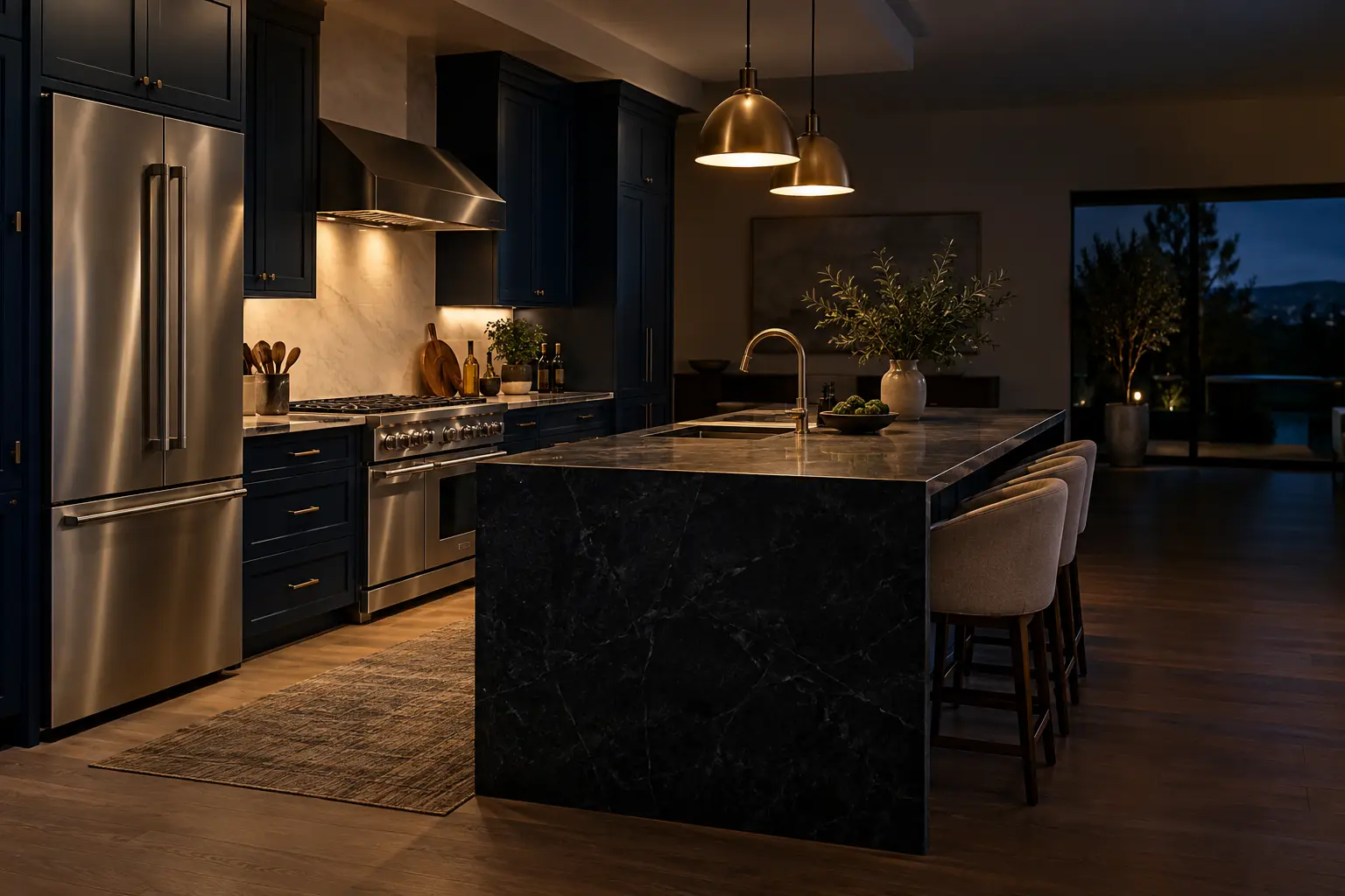 cozinha à noite com luz suave e eletrodomésticos inox