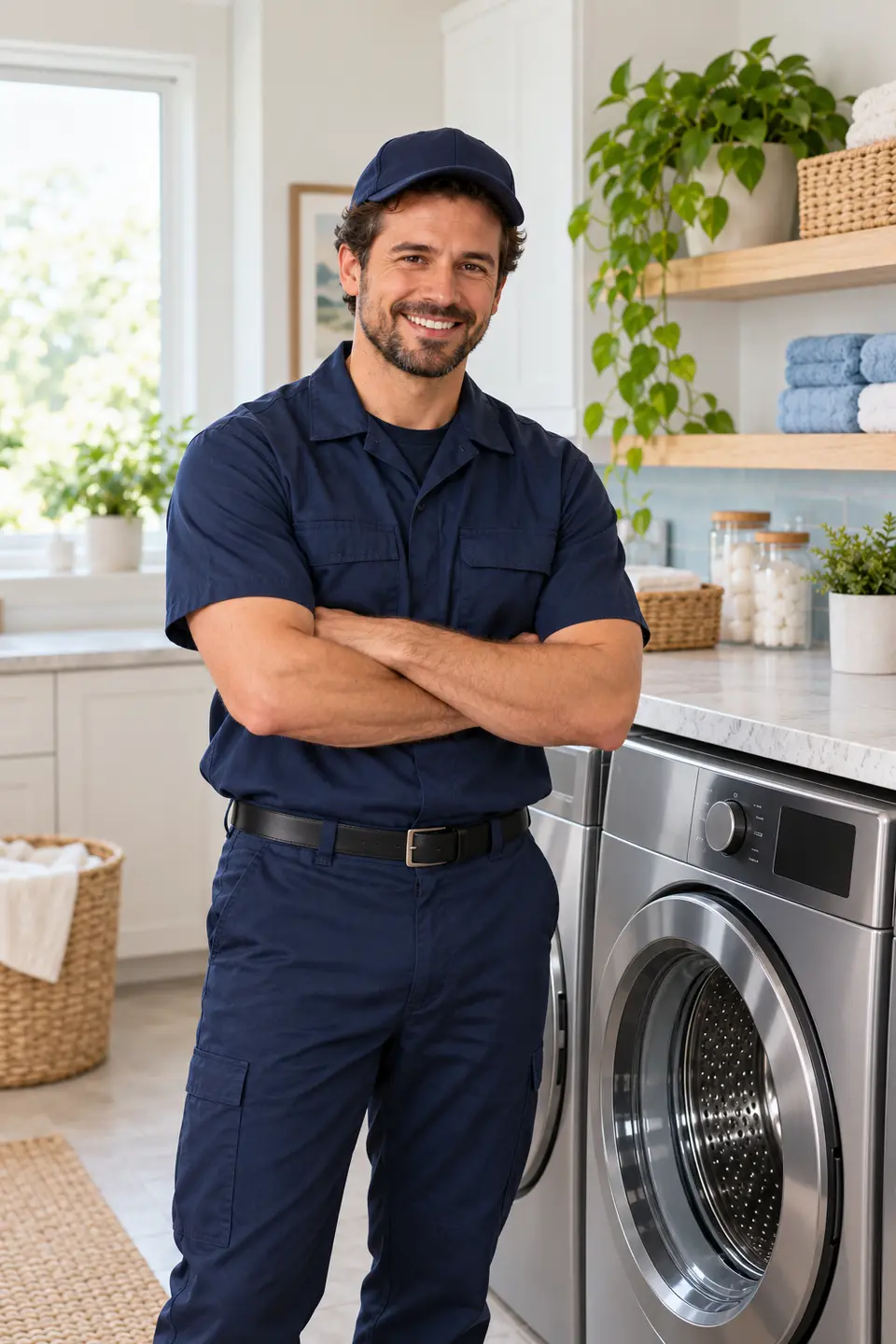 técnico sorrindo na lavanderia