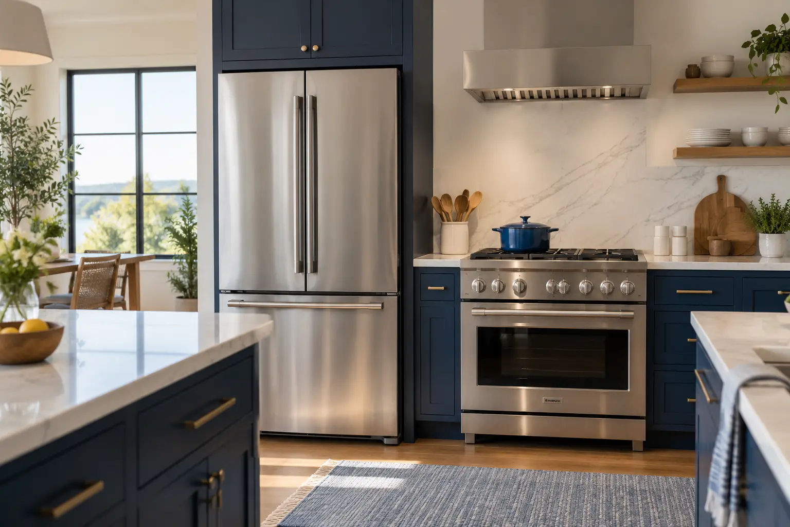 cozinha planejada com refrigerador inox e fogão de piso