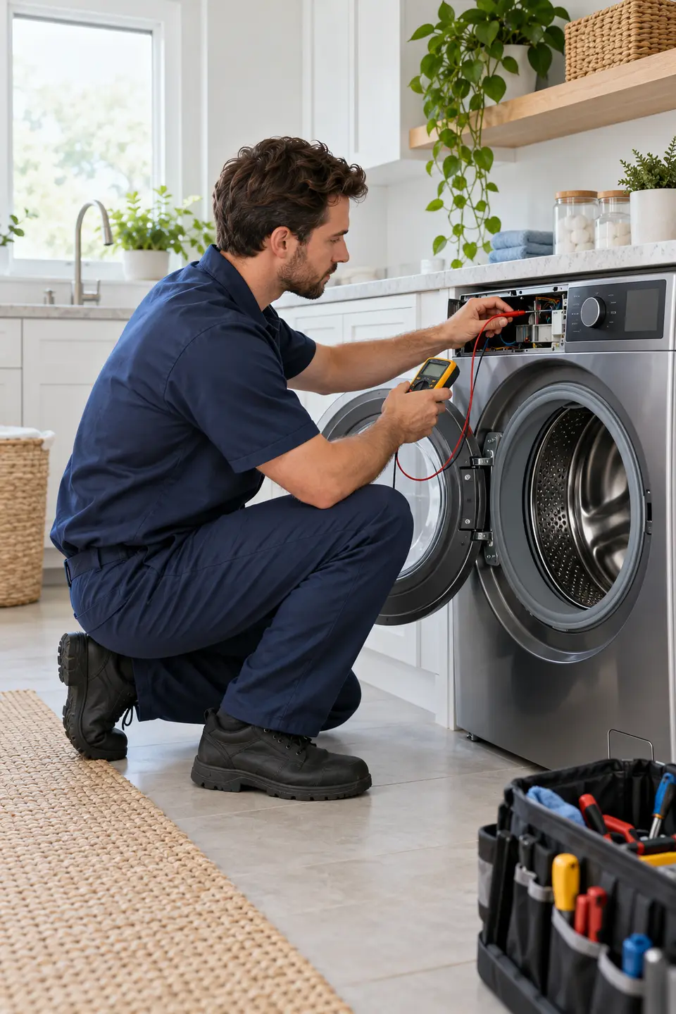 técnico verificando o painel de uma lava e seca